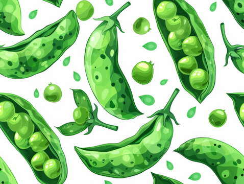 A colorful seamless pattern featuring illustrations of green peas in pods on a white background.