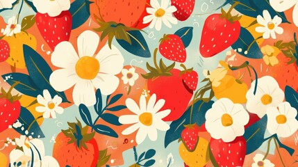 Illustration of a vibrant floral pattern featuring strawberries fruits and flowers on a colorful backdrop Perfect for jazzing up banners postcards flyers social media wallpapers textiles ta