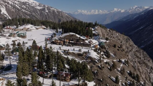 Fairy Meadows at Winter Aewrial Drone Shot. Resort Area near to Nanga Parbat in Gilgit Baltistan, Pakistan.