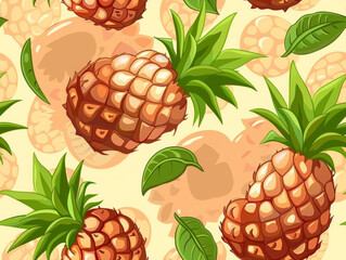 Seamless pattern of stylized pineapples and leaves on a light background.