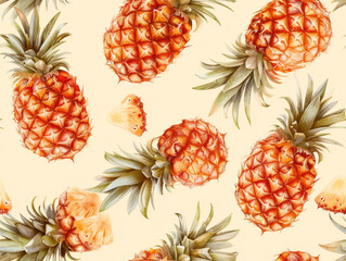Seamless pattern of realistic pineapples on an off-white background, suitable for fabric or wallpaper.