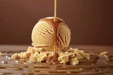 Tempting caramel drizzle over a scoop of salted caramel ice cream against a rich brown background
