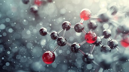 Eugenol herbal essential oil molecule, illustration, Stylized skeletal formula (chemical structure): Atoms are shown as color-coded circles: hydrogen (hidden), carbon (grey), oxygen (red).

