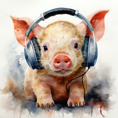 Watercolor Pig wearing headphones, clipart Illustration, Generative Ai