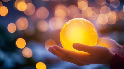 Fotobehang Mãos segurando uma esfera amarela brilhante © Vitor