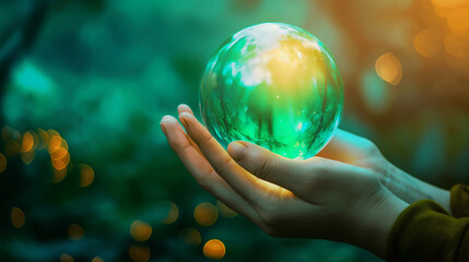 Mãos segurando uma esfera verde brilhante
