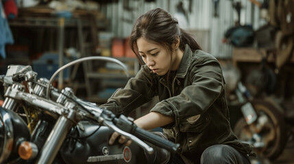 Mulher trabalhando em uma oficina consertando uma moto 