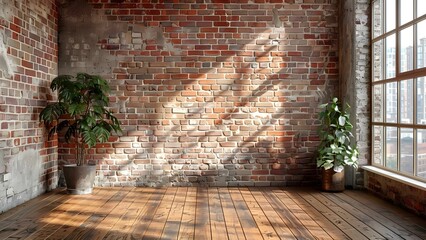 A Room with an Empty Brick Wall, Wooden Floor, and Window Light. Concept Interior Design, Natural Lighting, Minimalist Decor, Modern Rustic Style