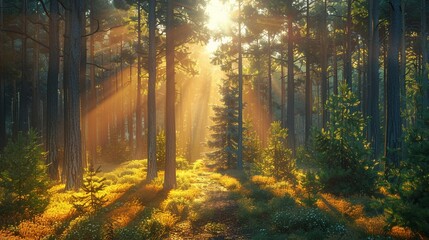 Sunlit Forest with Defined Shadows,3D rendering