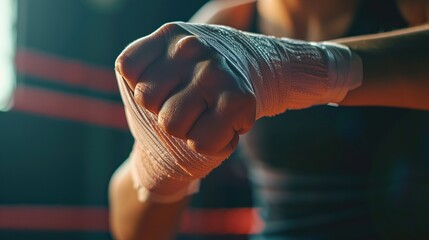 Female fist wrapping bandages for boxing, preparing for battle. Concept of strength, resilience, loneliness, femenism.

 - obrazy, fototapety, plakaty