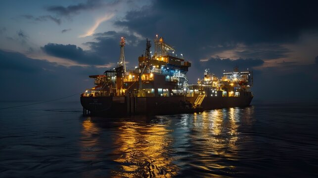 Floating Production Storage and Offloading vessel, Angola. Offshore unit is production facility that houses both processing equipment and storage for produced hydrocarbons. Night.

