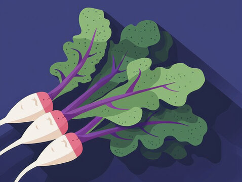 Vector illustration of three radishes with green leaves isolated on a blue background.