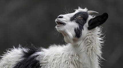 Close-up portrait of a white and black goat.
