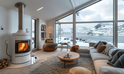 Naklejka premium A penthouse with cosy atmosphere interieur and a stove with fire