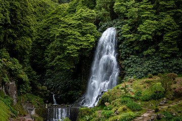 Naklejka premium Waterfall in Ribeira dos Caldeiroes. Nordeste, Sao Miguel island, Azores, Portugal