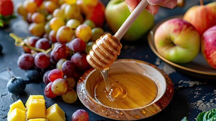 Hands dipping on a Rosh Hashanah fruit plate with honey.  