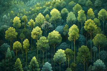 A serene painting of a lush green forest filled with tall trees and foliage, capturing the beauty of nature.