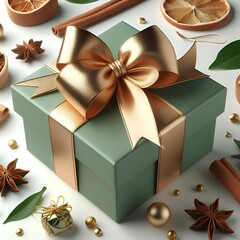 green gift box with golden bow
