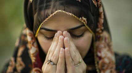 Iranian Muslim woman is praying, holding her hands against her face with rosemarry cross.  