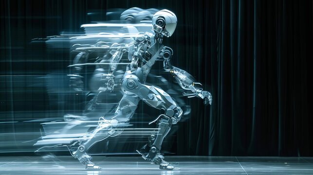 Isolate the blurred motion of a robot dancers limbs as it executes a frenetic sequence of movements with machinelike precision