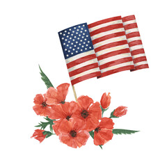 Memorial Day clipart. US flag, red poppy flower, forget-me-nots. Patriotic hand drawn watercolor home of the brave card, remember and honor banner, commemorative events, veteran salute flyer, sale