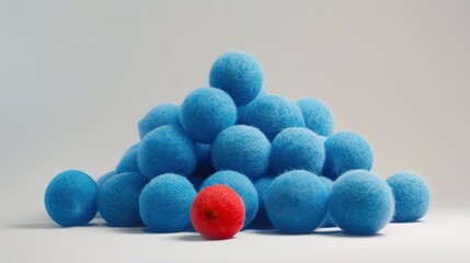 Large blue woolen balls with one small red one.

