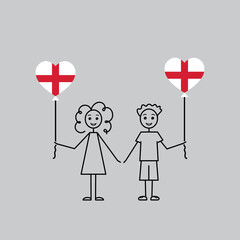 love England sketch, girl and boy with a heart shaped balloons, black line vector illustration