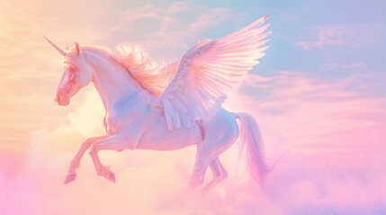 Realistic magical winged pegasus unicorn horse fantasy pastel background. AI generated image