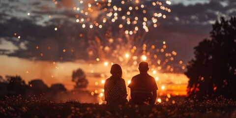 Vibrant Independence Day celebration with two people watching colorful fireworks in twilight sky, evoking festival spirit and national pride. Copy space.