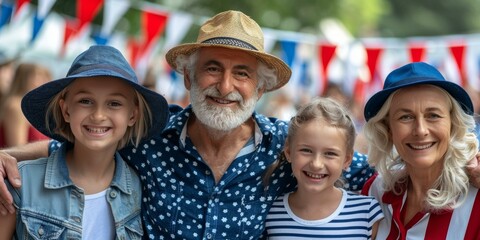 Joyful family of four celebrates Independence Day amidst vibrant patriotic decorations, evoking festive, communal spirit.