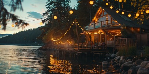 Joyful Independence Day celebration at lakeside cabin, enjoying evening under twinkling lights, vibrant reflections in water, perfect for festive gatherings.