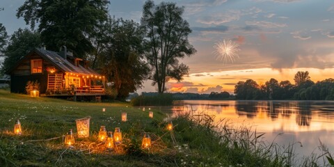 Fototapeta premium Vibrant Independence Day celebration at lakeside cabin with fireworks, glowing lanterns, and sunset reflections, capturing festive July Fourth spirit. Copy space.