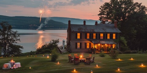 Charming evening celebration with fireworks over lake, illuminated historic house and tranquil outdoor setup during Fourth of July. Copy space.