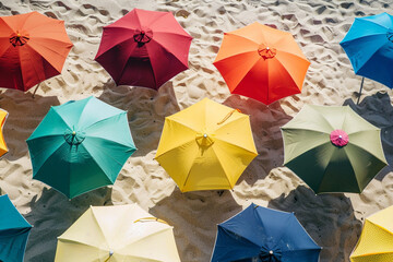 Vibrant beach umbrellas casting colorful shadows on the sunlit sand