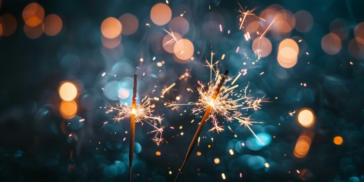 Vibrant Independence Day celebration with two sparklers and fireworks in background, festive mood in blue and orange hues, no people visible. Copy space.