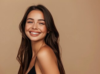 Naklejka premium Smiling Woman With Long Brown Hair