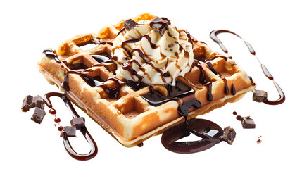 chocolate and caramel maple or honey syrup with ice cream scoop fresh baked waffles morning breakfast