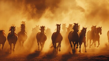 Fototapeta na wymiar Horses herd running in dust against dramatic background. AI generated image