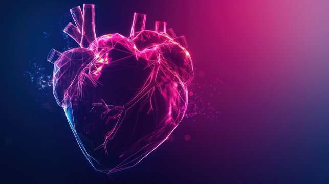 Visual human heart shape neon glowing light low poly style. AI generated image