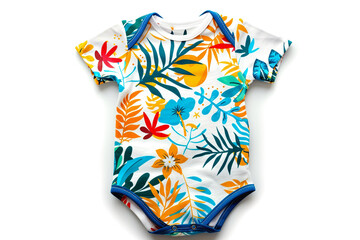Vibrant printed onesie with summer-themed motif for babies, isolated on a solid white background