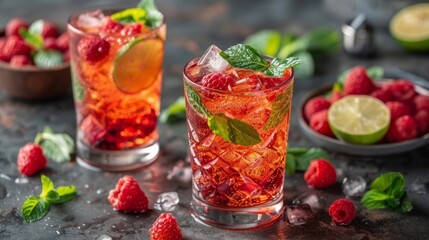 Two Glasses Filled With Raspberry Lemonade and Mint