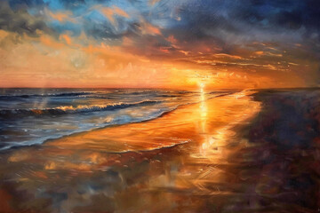 Vibrant sunset casting a warm glow on the sandy shore