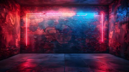 Urban Elegance: Neon-lit Brick Wall with a Grunge Glow. Concept Urban Photography, Neon Lights, Brick Wall, Grunge Aesthetic