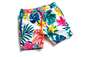 Vibrant swim trunks with tropical print for boys, isolated on a solid white background