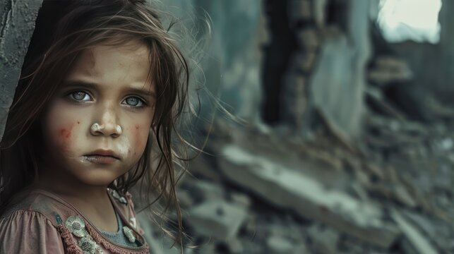 Portrait dramatic little girls crying in the ruins of buildings caused by war. AI generated image