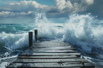 Waves crashing against a weathered wooden jetty - Powered by Adobe