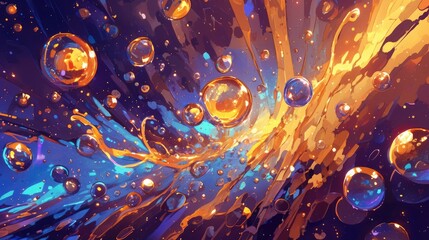 An artistic 2D illustration capturing the mesmerizing dance of colorful liquid droplets suspended in the air creating a vibrant and uniquely chaotic backdrop