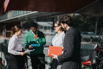A group of businesspeople in casual work attire discuss papers during an outdoor meeting on a sunny...