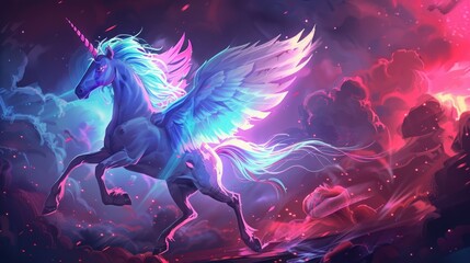 Illustration magical, mythical winged pegasus unicorn horse fantasy background. AI generated image