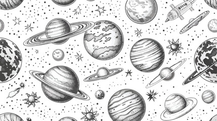 Monochrome seamless pattern with planets and other planet
